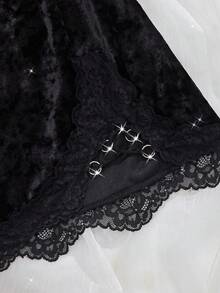 情人节惊喜礼物：纯色蕾丝天鹅绒拼接睡裙，深V露背开衩睡衣，女士秋冬舒适睡裙 - 黑色 - 查看 6