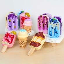 蒙特梭利木制玩具，仿真食物套装，过家家甜点架厨房游戏，冰淇淋冰棒可拆卸角色扮演玩具，培养技能，亲子活动，儿童生日礼物 - 彩色 - 查看 1