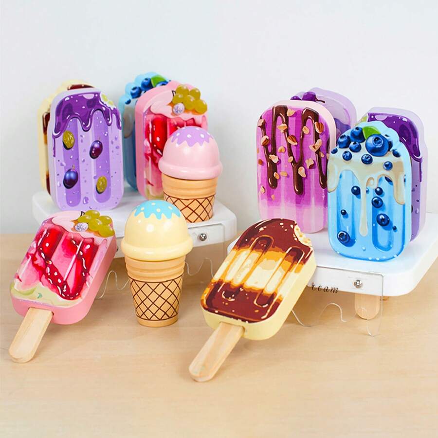 蒙特梭利木制玩具，仿真食物套装，过家家甜点架厨房游戏，冰淇淋冰棒可拆卸角色扮演玩具，培养技能，亲子活动，儿童生日礼物 - 彩色 - 查看 1