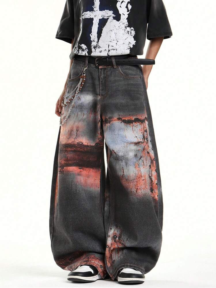 1 Peça Calça Jeans Bege Masculina Personalizada da Marca de Nicho Justice Brother, Calça Larga e Solta de Estilo Casual (Cinto e Acessórios Não Incluídos) - Marrom - Visão 6