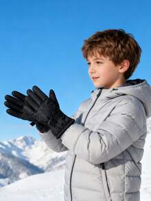 1 par de guantes gruesos de esquí de unicolor para niños con cordón ajustable, guantes resistentes al viento y al agua para niños de 8 a 12 años, adecuados para ciclismo y uso diario en invierno - Multicolor - Ver 2
