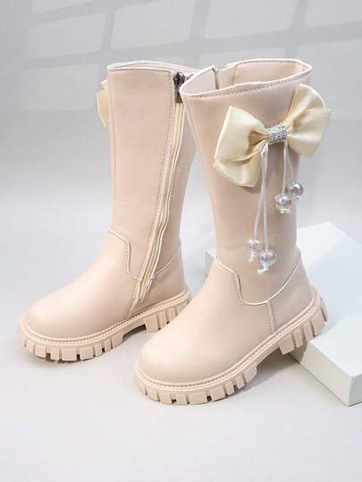 Botas altas para niñas con lazo lindo, botas de caña alta para niños, nuevo estilo de otoño/invierno, zapatos casuales para niños de talla media/grande, con cremallera lateral, botas para niñas pequeñas, botas largas de estudiante de moda versátil, botas de montar para bebés