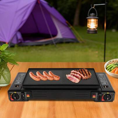  GDAE10 Tragbarer Campingkocher, 2500W Campingkocher mit Backblech&Tragbarer Tasche, 2 Brenner Campingkocher