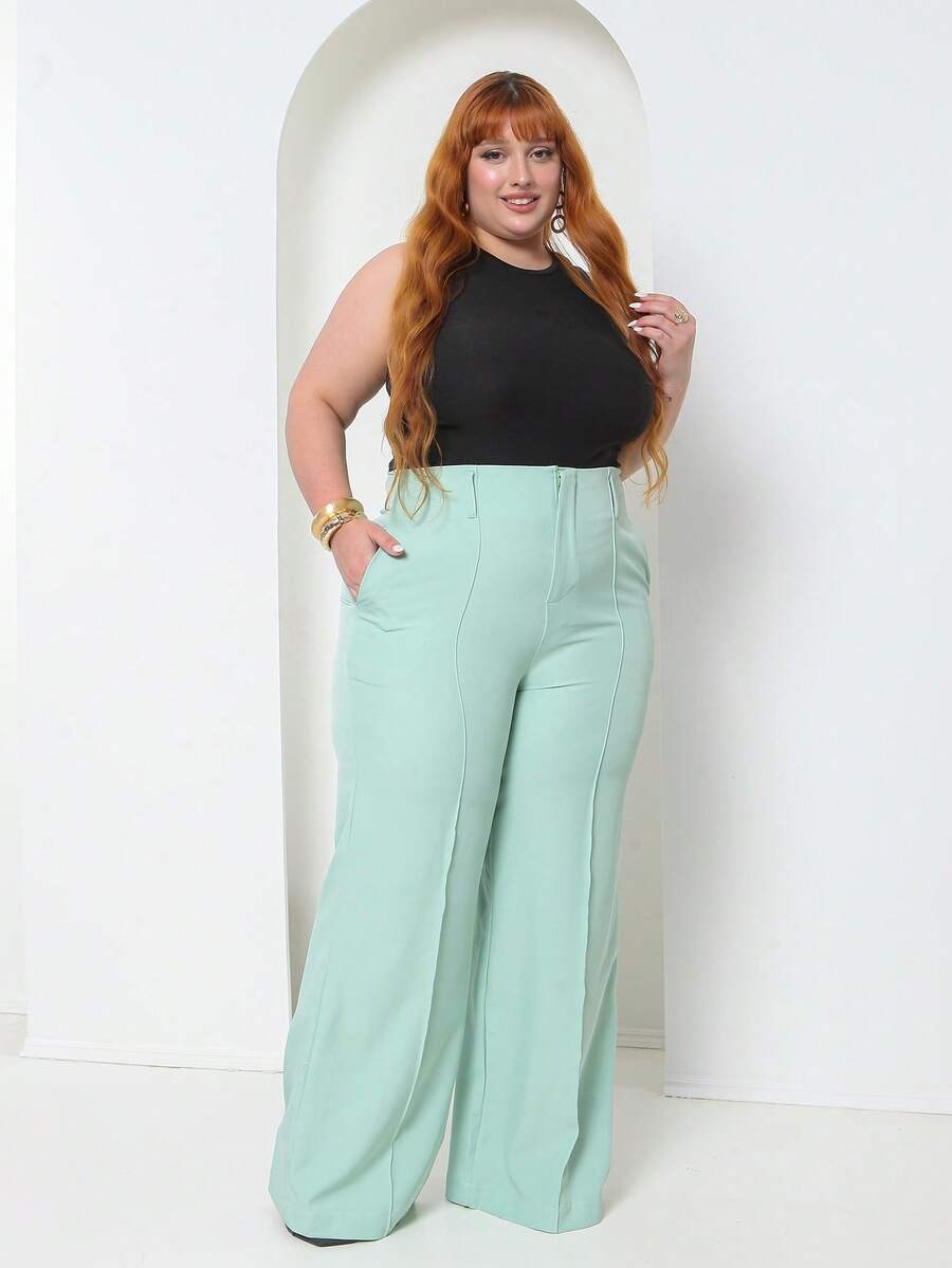 Plus Size Fashion Long Pants Without Belt And Pockets Without Belt - Green - View 1