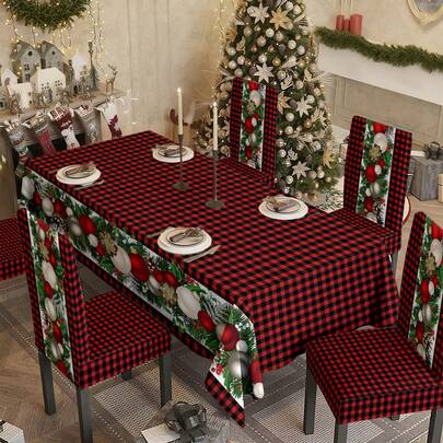 1pc/Set, Pine Branch, Red Plaid, Christmas Milk Silk Elastic Chair Cover, Linen Square Tablecloth Set, Seasonal Kitchen Dining Table Decor, Party Gathering Decoration Set, Christmas Home Decor