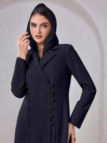 Áo khoác Abaya thanh lịch kèm khăn trùm đầu, vai độn, màu trơn, cài nút phía trước, xẻ tà bên hông, thích hợp cho mùa xuân. - Màu xanh hải quân - Xem 1