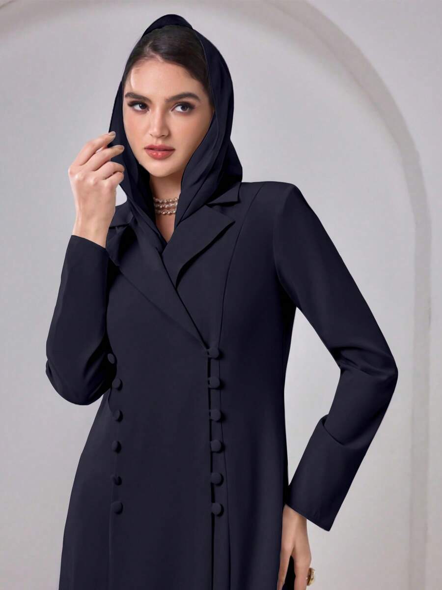Áo khoác Abaya thanh lịch kèm khăn trùm đầu, vai độn, màu trơn, cài nút phía trước, xẻ tà bên hông, thích hợp cho mùa xuân. - Màu xanh hải quân - Xem 1