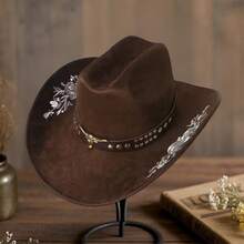 Women Men Embroidery Cowgirl Hat Wide Brim Cattle Head Belted Wool Hat Felt Jazz Cap For Party - Cà phê nâu - Xem 3