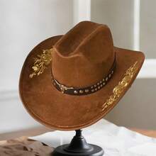 Women Men Embroidery Cowgirl Hat Wide Brim Cattle Head Belted Wool Hat Felt Jazz Cap For Party - 卡其色 - 查看 4
