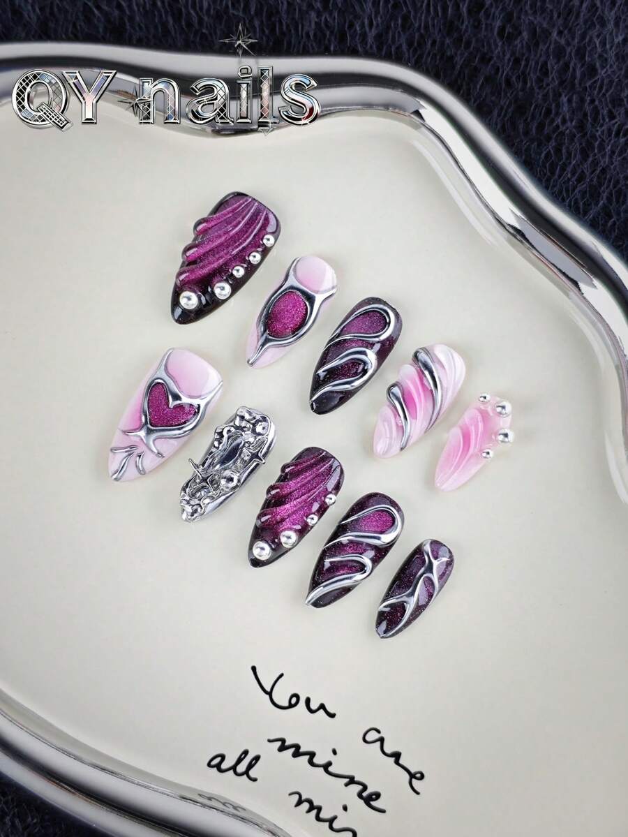 10 piezas de uñas postizas de almendra de larga duración con estampado a mano, estilo punk dulce en color morado-rojo, adecuado para mujeres y niñas, ideal como regalo con 1 almohadilla de gel y 1 lima de uñas