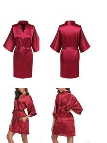 1 pieza Bata elegante de unicolor con lazo para mujer, para otoño/invierno, camisón corto de satén y seda suave y sexy. Bata corta de seda suave y ligera de unicolor y elegante con cintura anudada, adecuada para novia, dama de honor y uso doméstico. Vestido corto de temporada de bodas, bata con letra inicial, bata de mañana y bata de dormir. - Multicolor - Ver 11