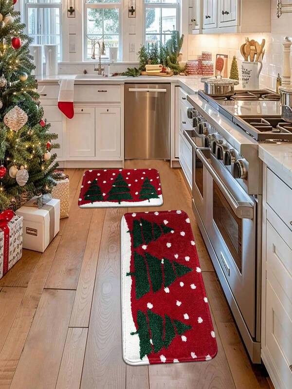 1 pieza Alfombra decorativa de árbol de Navidad de peluche, alfombra cuadrada moderna de estilo rústico de lana sintética lavable para sala de estar, alfombra de baño suave y gruesa, apta para cocina, lavandería, sala de juegos, pasillo, casa de campo, patio, balcón, porche