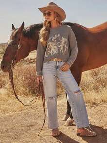 Áo len nữ kiểu miền Tây với họa tiết ngựa. - Xám - Xem 3