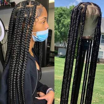 Synthetic Large Box Braided Wigs Jumbo Knotless Full Lace Front Wigs For Black Women Jumbo Braids Faux Locs Cornrows Wig