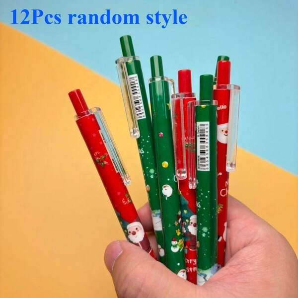 12Pcs Random Style Creative Christmas Press Gel Pen 0.5mm Black Ink Writing Supplies Cartoon School Student Gift Stationery Signature Pens