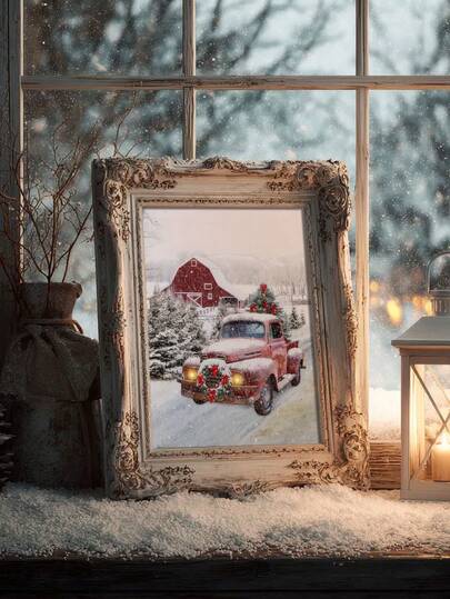 1pc Christmas Tree On Red Truck Art Print Poster - Winter Snow Scene Wall Decor With Vintage Truck, Unframed Canvas Painting For Living Room, Bedroom, Nursery - Holiday Decoration Featuring Red Truck & Snowy Landscape - Easy Hanging Indoor/Outdoor Christmas Decorations, Christmas Outdoor Decor, Seasonal Home Decoration, Festive Artwork, Detailed Artwork, Home Decorators, 2D Flat