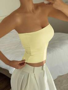 Áo tank top không dây, màu trơn, co giãn ôm sát dành cho nữ của Vaiaye, áo camisole cơ bản không dây thời trang cho mùa xuân và mùa hè. - Màu vàng - Xem 9