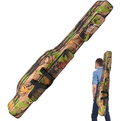 Portable Folding Fishing Rod Carrier Reel Case Bag 4.27ft/ 4.92ft Oxford Fish Pole Tools Soft Case Pro Gear Tackle Storage Bag For Shoulders Handles (Yello Camouflage, 150cm/4.92ft)