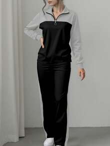 女士休闲套装，宽松翻领上衣搭配阔腿裤两件套，秋冬款 - 黑色 - 查看 4
