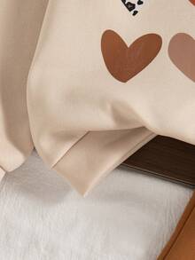 Set 2 piese ținute casual pentru fete preadolescente, hanorac cu mânecă lungă și pantaloni cu guler rotund și imprimeu cu inimă, căptușeală termică, toamnă/iarnă - Kaki - Vizualizare 5