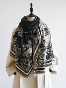 1 buc. Eșarfă caldă reversibilă pentru femei, din cașmir artificial, cu imprimeu floral jacquard, potrivită pentru purtare zilnică, toamnă/iarnă pentru rochie