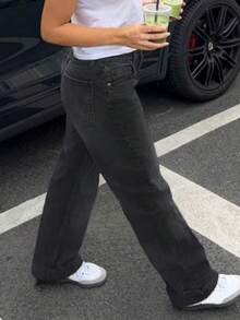 MYOURSA Low Rise Straight Leg Jeans Y2k Distressed Loose Washed Fall Casual School Outfits For Women - 深灰色 - 查看 4