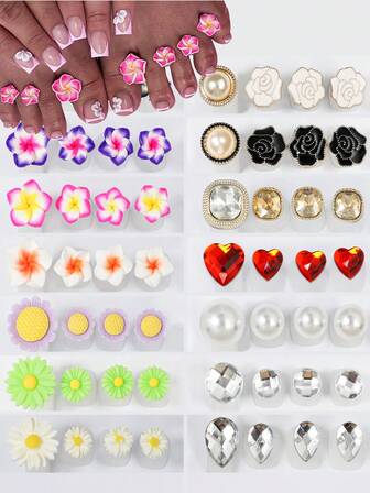 8 piezas/paquete Separador de dedos y dedos de los pies de silicona, con decoración de narciso, margarita, perla y rhinestone, herramientas de salón de uñas y pedicura