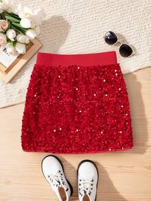 Tween Girls' Fashionable Sequin Mini Skirt, Suitable For Parties And Gatherings (Y0847) - Red - View 2