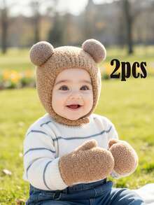 2pcs/Set Khaki Double Pom-Pom Hat And Mittens Knitted Winter Set For Toddlers - 2pcs - View 2
