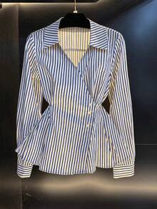 女士春秋新款V领系腰休闲长袖衬衫 - 藍色 - 查看 5