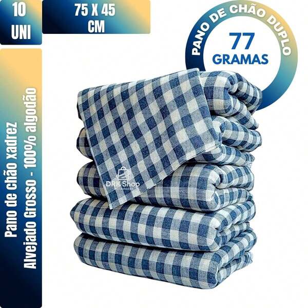 Kit 10 Panos De Chão Xadrez 75x45cm 100% Algodão Saco Costurado Casa Absorvente Lavável Multiuso Doméstico