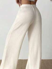 Women's Wide Leg Pants, Textured Fabric, High Waist, Simple With Pocket And Drawstring For Home And Daily Life - 奶油色 - 查看 5