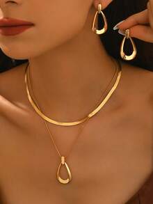 2pcs/Set Minimalist Necklace + Earrings Jewelry Set For Women, Fashionable Geometric Hollow Circle & Water Drop Pendant, Double Layer Snake Chain Necklace, Suitable For Casual, Party, Holiday Wear