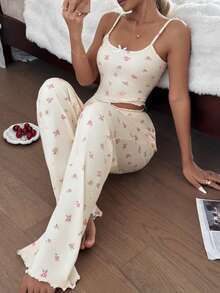 Nina Bonheur 2pcs Ditsy Floral Women Camisole Crop Top + Elastic Waist Straight Pants Pajama Sleepwear Set