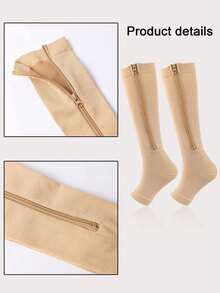 1双黑色休闲压缩袜，侧边条纹带拉链，露趾隐形设计，适合健身塑形，是绝佳的圣诞礼物和独特的新年礼物。