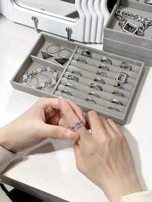 1/9 Pieces Gray Velvet Jewelry Display Tray, Stackable Jewelry Storage Tray, Jewelry Organization Tray, Drawer-Style Jewelry Display Cabinet, Suitable For Earrings, Necklaces, Bracelets, Rings, Multiple Sizes - Multicolor - View 6