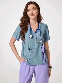 Fashionable Colorblock V-Neck Short Sleeve Multi-Pocket Set, Stylish Outfit For Beauty Salon, Nanny, Maternity Center, Scrub, Casual Lightweight Suit - Mint Blue - View 4