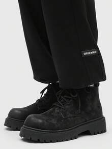 Men's Fashionable High-Top Round Toe Ankle Boots, Thick Sole, Wear-Resistant, Vintage Casual Style, Suitable For Plus Size, Winter Outdoor - 黑色 - 查看 6