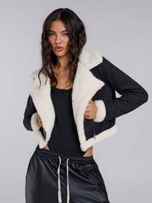 TypaGal Winter Fall Modern Chic New Year Party Retro Elegant Sexy Street Minimalist Teddy Lined Open Front Suedette Moto Black Jacket In Fall/Winter