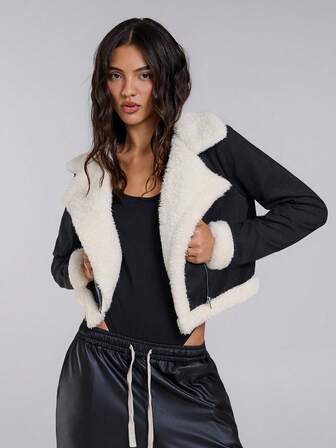 TypaGal Winter Fall Modern Chic New Year Party Retro Elegant Sexy Street Minimalist Teddy Lined Open Front Suedette Moto Black Jacket In Fall/Winter