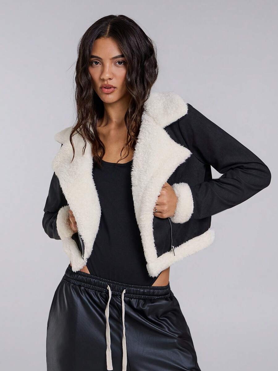 TypaGal Winter Fall Modern Chic New Year Party Retro Elegant Sexy Street Minimalist Teddy Lined Open Front Suedette Moto Black Jacket In Fall/Winter