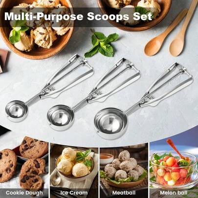 3pcs Cookie Scoop Set - Small/1 Tbsp, Medium/2 Tbsp, Large/3 Tbsp - Cookie Dough Scoop, Cookie Scoops For Baking Set Of 3,18/8 Stainless Steel Melon Baller Scoops Ice Cream Scoop Stainless Steel Ice Cream Scoop, Cookie Dough Scoop, Baking Cookie Scoop, Ice Cream Scoop With Trigger Release, Fruit Cookie Scoop, Cupcake Scoop, Suitable For Ice Cream, Cookie Dough, Meringue, Almonds, Suitable For Kitchen, Dessert Shop, Restaurant