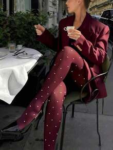 1pc Women's 100D Soft & Elegant Polka Knit High Elasticity Tights, Casual Everyday Wear Leggings - 酒紅色 - 查看 1