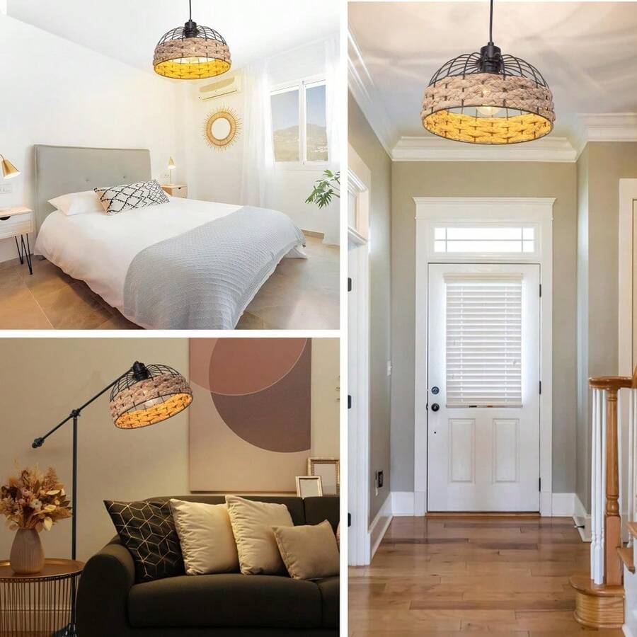 Large Metal Rope Light Shade, Retro Black Lamp Shade With Jute Rope Lamp Shades Ceiling, Rattan Lampshade, Pendant Lampshades For Ceiling Lights, Living Rooms, Kitchen, Bedroom, Hallways - Black - View 1