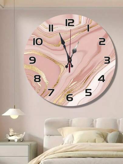 优雅静音木质挂钟 - 10/12英寸圆形，大理石水波纹设计，粉色和金色点缀，电池供电（不含AA电池），家居装饰配件 | 优雅挂钟 | 大理石纹理挂钟，客厅挂钟