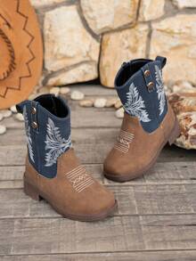 Children's Vintage Casual Embroidered Square Toe Boots, Suitable For All Seasons - Blue - View 8