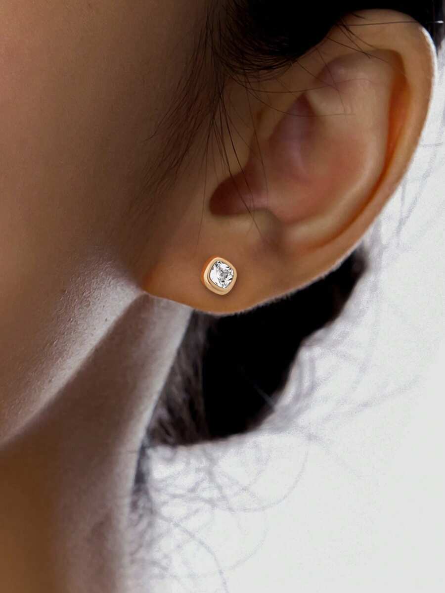 ELSEDES 1 Pair Fashionable & Elegant S925 Sterling Silver Square Cubic Zirconia Stud Earrings, Suitable For Daily And Party Wear