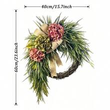 23.62 Inch Hydrangea & Eucalyptus Wreath With Bow Rustic Farmhouse Door Wall Decoration, Beige/Flowers & Green Foliage, Durable Plastic Frame For Front Door, Thanksgiving, Halloween, Christmas, Fall Decor, Room Decor - Hồng - Xem 4