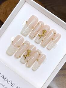 10片纯手工绘制方形美甲贴片，手绘个性化白色法式3D玫瑰美甲贴片，高品质优雅简约设计美甲贴片，按压式美甲贴片，美甲用品 - 彩色 - 查看 5