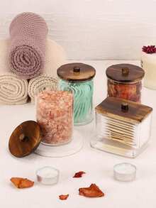 4 Packs Qtip Cosmetic Containers, 10/7 Ounce Round Cosmetic Cleaning Swab Dispenser, Medicine Bottle With Bamboo Lid For Organization And Storage,For Holiday Beach, Bathroom Collection, Bedroom Collection, Large Capacity